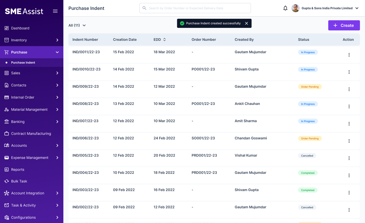 SME Assist purchase indent screen