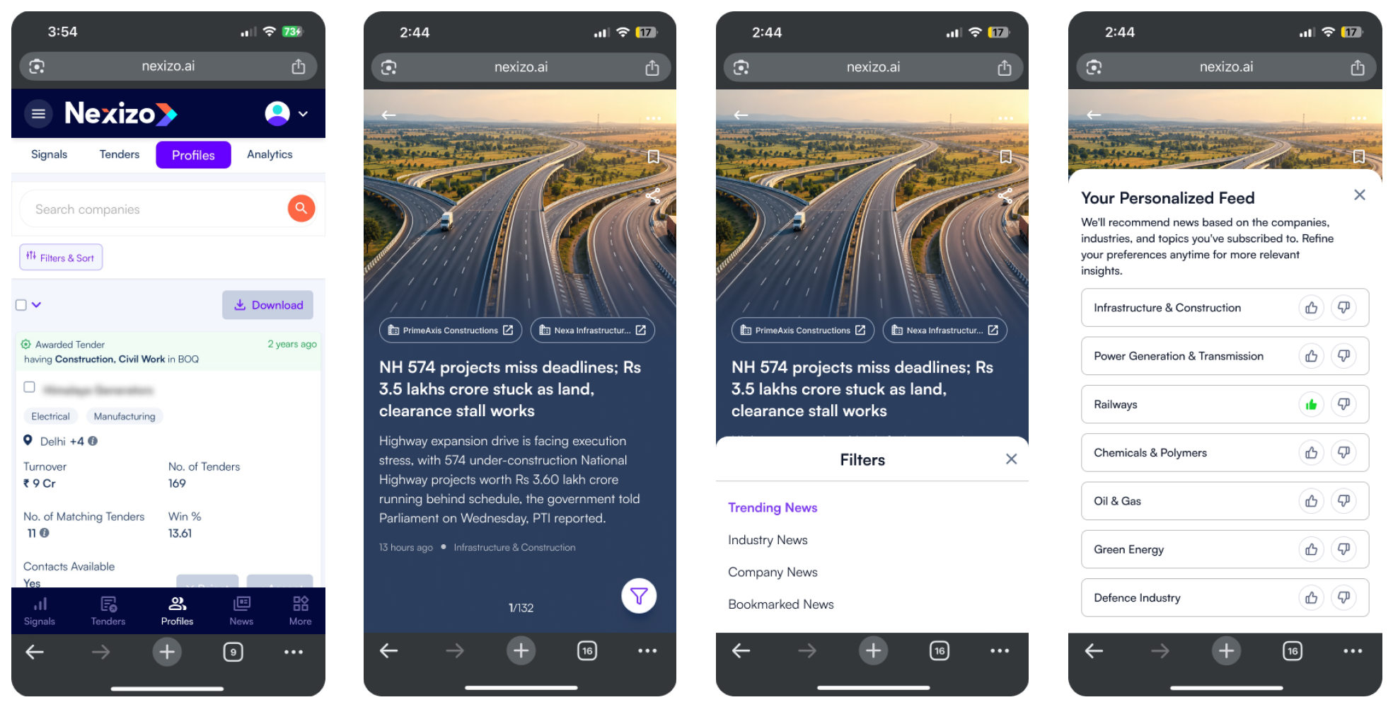 Nexizo News Feed mobile view — company search, news article detail, category filters, and personalised feed preferences across four phone screens