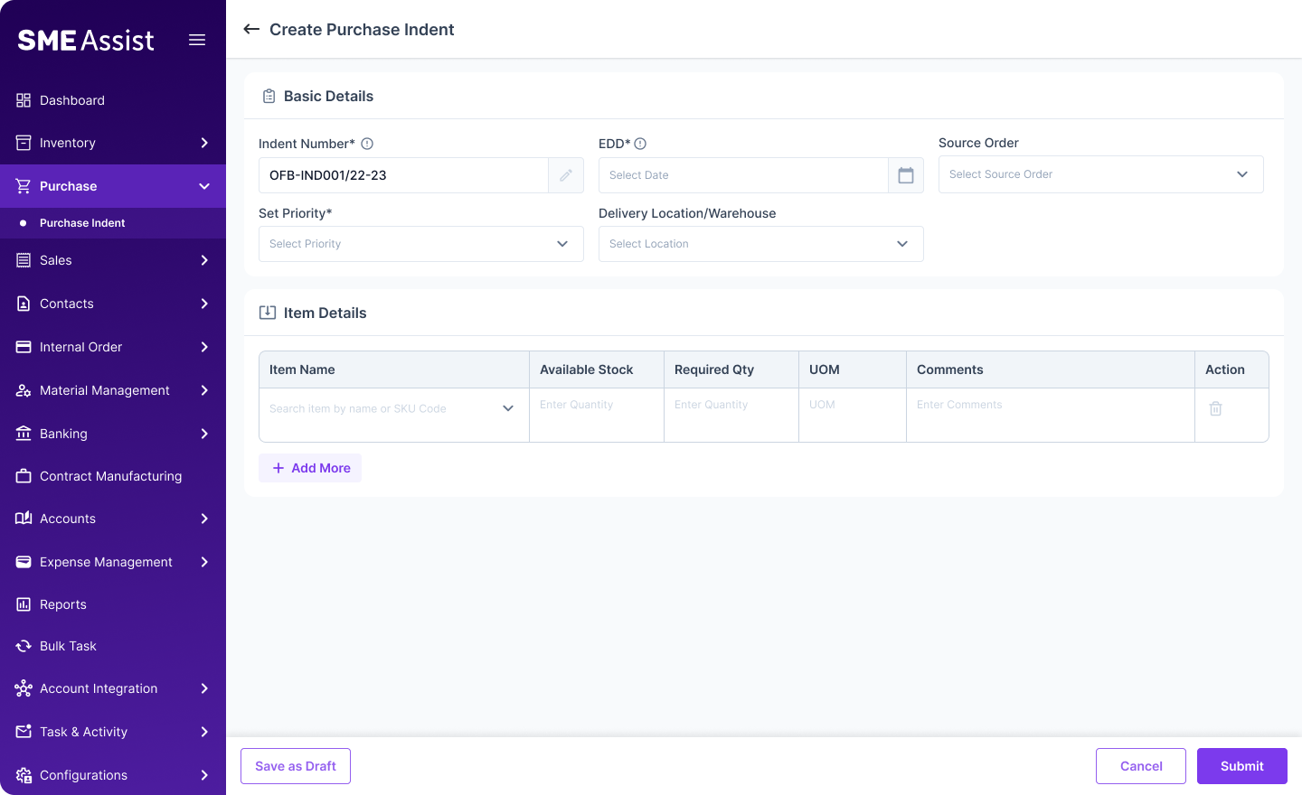 Purchase Planning screen — form split into Basic Details and Item Details, with priority, expected delivery date, and manual item entry