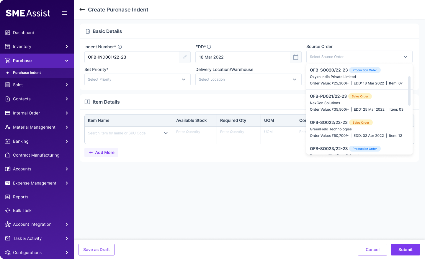 Purchase Planning screen — selecting a Source Order from the dropdown, showing order value, EDD, and item count for each option