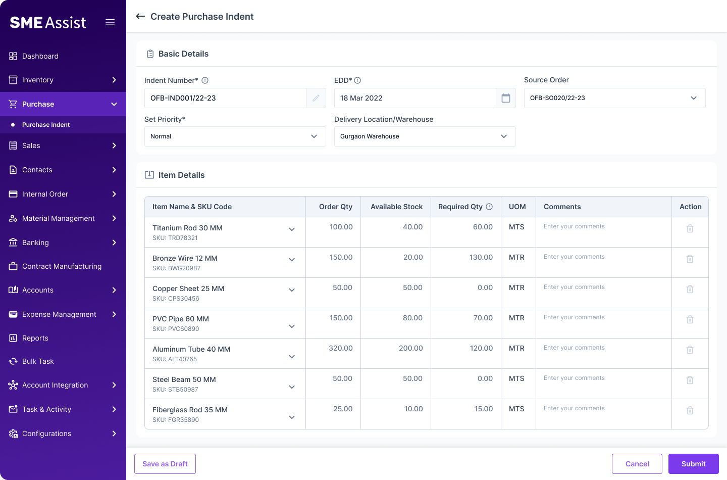 Purchase Planning screen — item list auto-populated from the selected source order, showing order qty, available stock, and required qty per item
