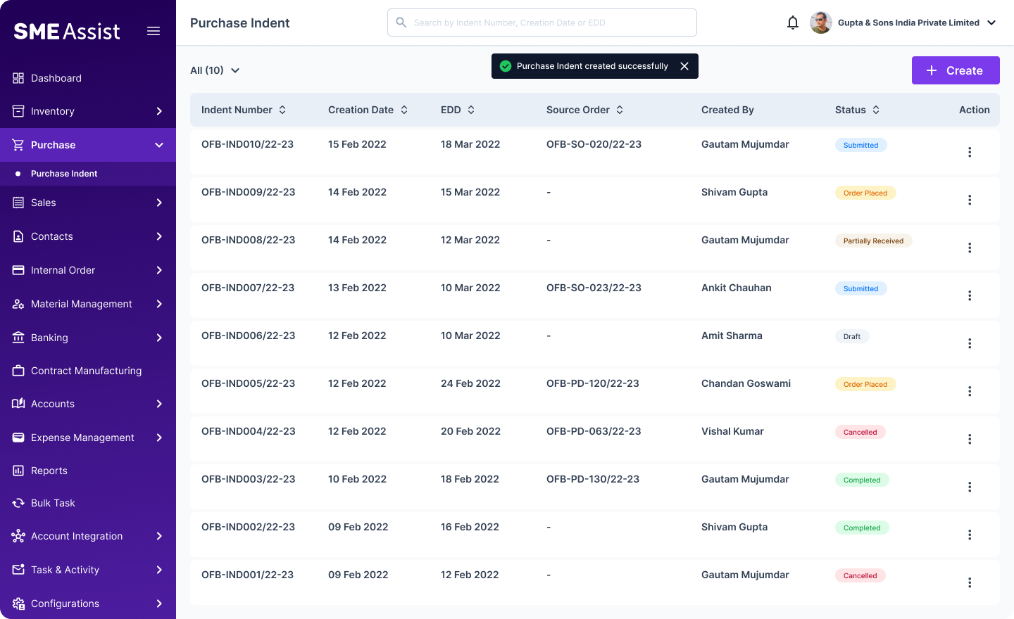 Purchase Planning screen — centralised list of every indent created, with indent number, creation date, EDD, source order, creator, and status