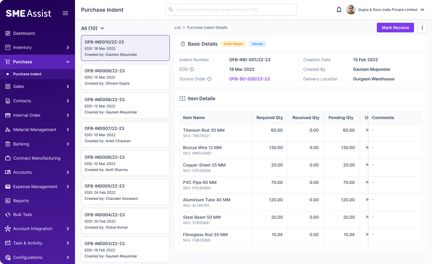 Purchase Planning screen — indent detail view with a prominent Mark Receive CTA, linked source order, and required/received/pending quantity per item