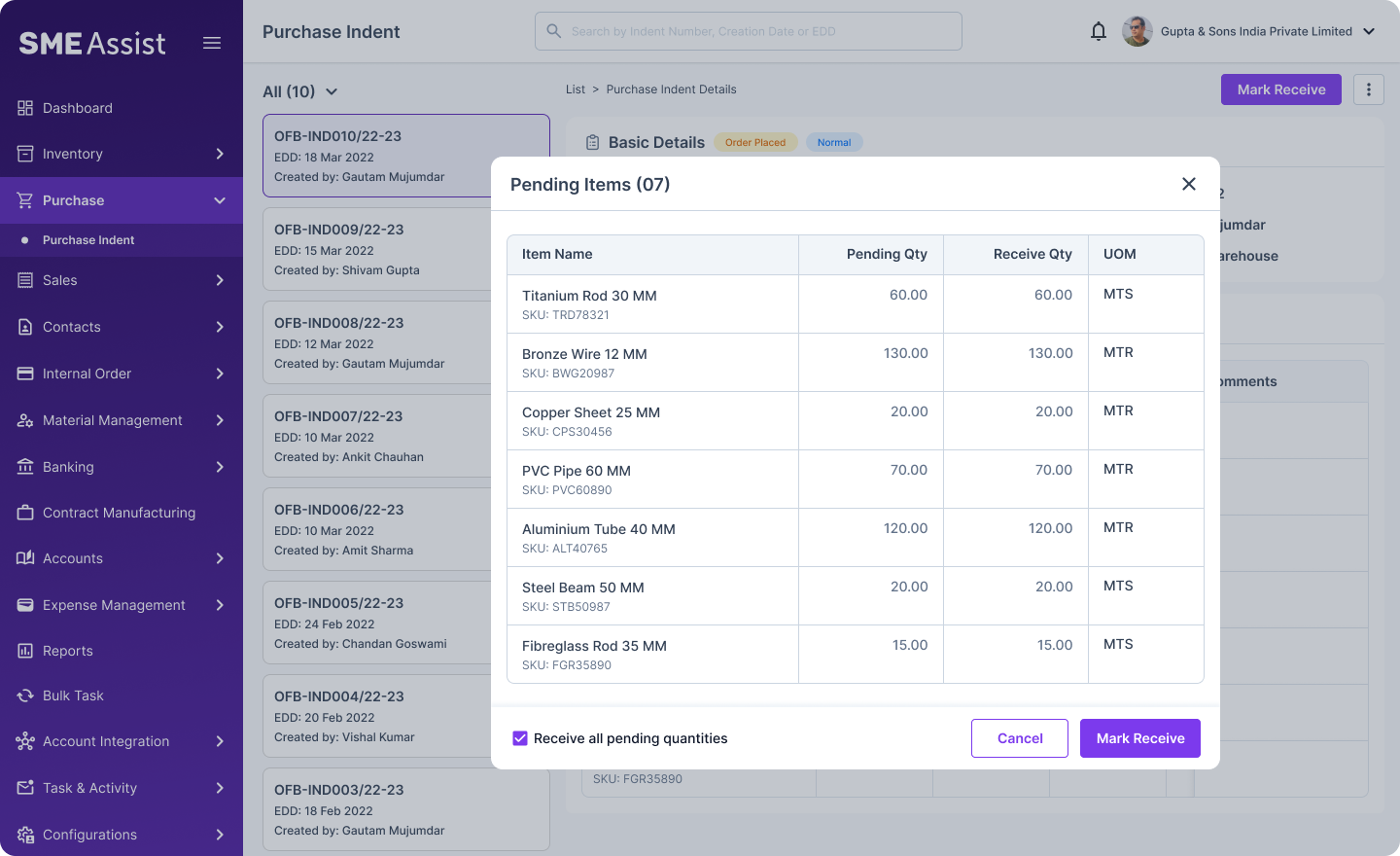Purchase Planning screen — Mark Receive modal listing pending items with a Receive Qty column and a 'Receive all pending quantities' checkbox
