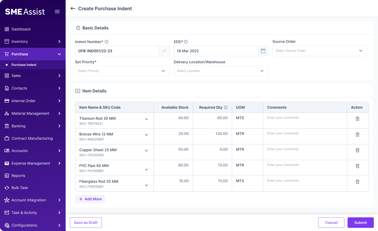 Purchase Planning screen — adding items manually without a source order, with available stock and required quantity per item