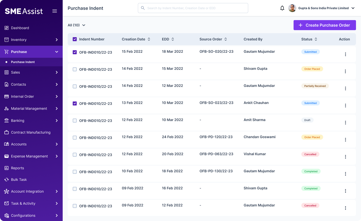Purchase Planning screen — selecting multiple indents from the list and creating a purchase order in one click